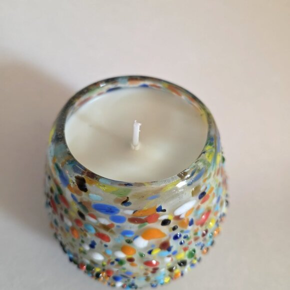 Mexican Glass Jar Pebbled Multi-colored Soy Wax Candle -Light Sandalwood Scent - Picture 2 of 3